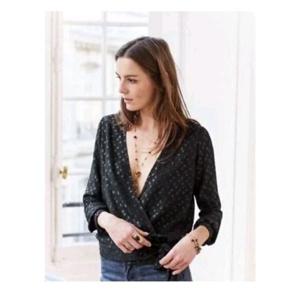 Sezane Ella Lurex Wrap Long Sleeve Blouse Women's French Size 36 / US 4 - Picture 1 of 9